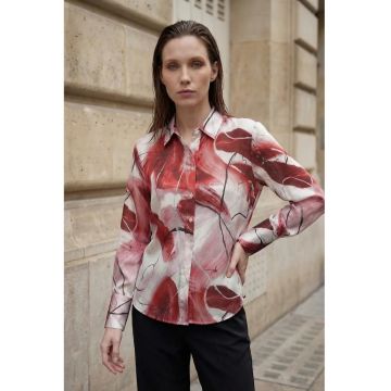 Camasi dama -  camasa cu imprimeu abstract - maneca lunga - rosu burgund - poliester