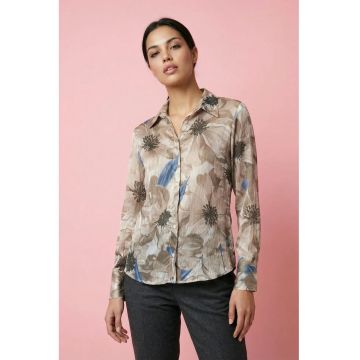 Camasi dama -  camasa cu imprimeu floral - lungime maneca lunga - culoare maro nuc - 100% poliester