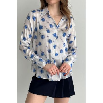 Camasi dama -  camasa cu imprimeu floral - maneca lunga - albastru cerulean - 100% poliester