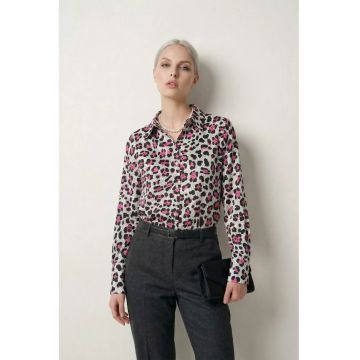 Camasi dama -  camasa cu maneca lunga - imprimeu leopard - roz magenta - poliester