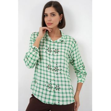 Camasi dama -  camasa cu nasturi - carouri - verde - 100% viscoza