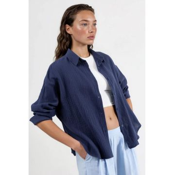 Camasi dama -  camasa din bumbac texturat - bleumarin - maneca lunga - cu nasturi