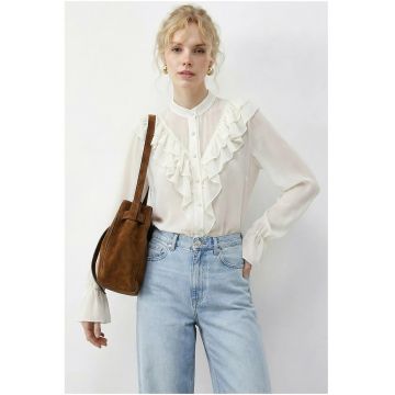 Camasi dama -  camasa din chiffon - eleganta - crem natural - 100% poliester - maneca lunga - guler mandarin cu volane