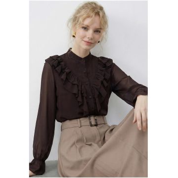 Camasi dama -  camasa din sifon cu maneca lunga - volane - maro mocha inchis - 100% poliester