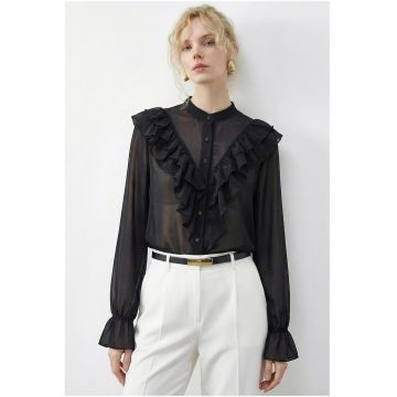 Camasi dama -  camasa din sifon cu volane - negru - elegant - 100% poliester