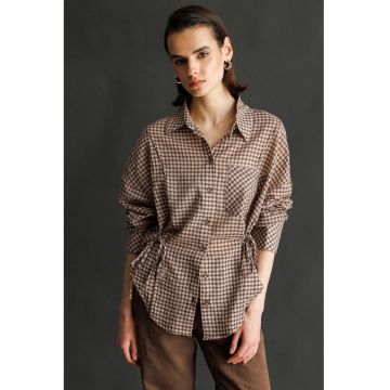 Camasi dama -  camasa in carouri Gingham - maneca lunga - maro cafea - bumbac
