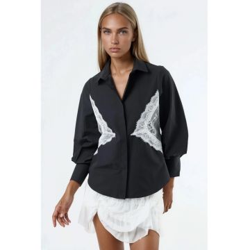 Camasi dama -  camasa poplin cambrata - detalii din dantela - negru - 50% bumbac - 50% poliester