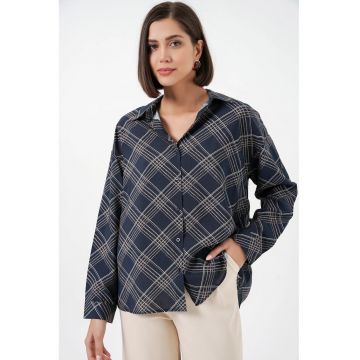 Camasi dama -  camasa supradimensionata - carouri - albastru marin - 80% viscoza - 20% nailon