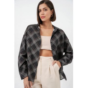 Camasi dama -  camasa supradimensionata - carouri - negru - 80% viscoza - 20% nailon