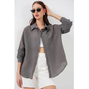 Camasi dama -  camasa texturata cu maneca lunga - gri carbune - 80% viscoza - 20% nailon
