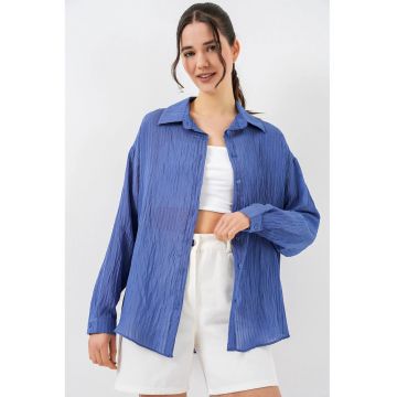 Camasi dama -  camasa texturata cu maneca lunga - Oxford Blue - lejer - 80% viscoza - 20% nailon