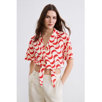 Camasa crop cu prindere cu cordon - Rosu vermillion/Alb murdar
