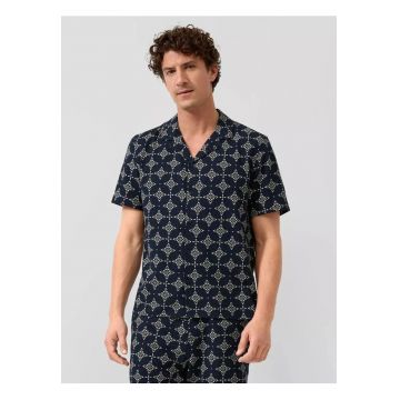 Camasa cu maneca scurta barbati - din bumbac - cu imprimeu - Resort fit - Bleumarin inchis - Bleumarin inchis