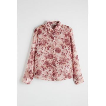 Camasa cu model floral si guler clasic - Rosu/Roz pastel