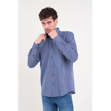 Camasa cu model in carouri si guler fixat cu nasturi - Alb/Bleumarin