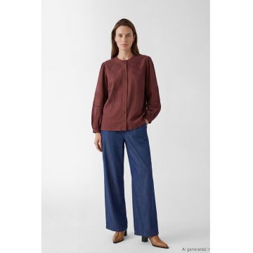 Camasa de bumbac cu broderie - Maro cognac