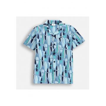 Camasa de vara  pentru baieti - albastra - din viscoza - cu motiv de placi de surf - cu maneci scurte