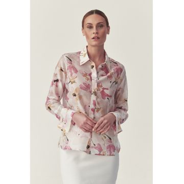 Camasa din amestec de lyocell cu model floral - Alb murdar/Roz