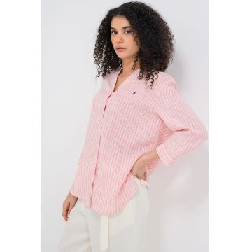 Camasa din in cu model in dungi - Rosu/Alb murdar