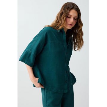 Camasa din tencel cu maneci medii - Verde englez