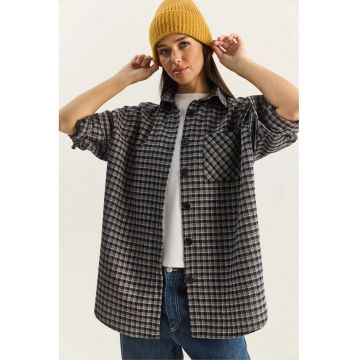 Camasa poplin  supradimensionata - carouri - albastru - bumbac - One Size