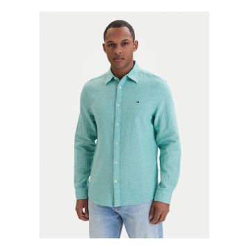 Camasa regular-fit din in si bumbac - Verde melange