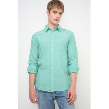 Camasa regular-fit din in si bumbac - Verde melange