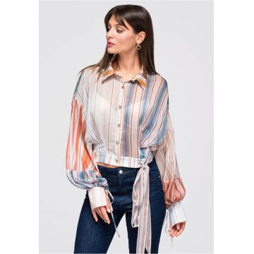 Cămașă dama scurtă cu guler clasic și mâneci voluminoase - model cu dungi OW-SH-E0046 - Multicolor