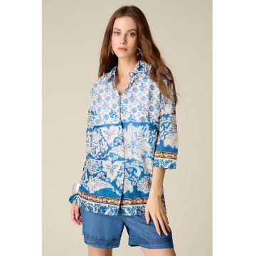 Camasa cu maneci medi si model - Alb/Maro/Albastru