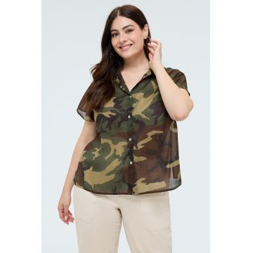 Camasa cu maneci scurte si imprimeu camuflaj - Kaki/Kaki inchis