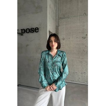 Camasa dama -  camasa cu imprimeu geometric - verde - 100% poliester - maneca lunga