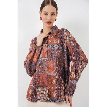 Camasa dama -  camasa cu imprimeu Paisley supradimensionat - rosu caramiziu - 100% poliester -