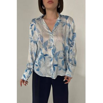 Camasa dama -  camasa din satin - imprimeu floral - albastru cobalt - 100% poliester
