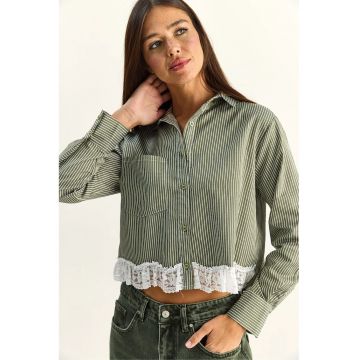 Camasa dama -  camasa scurta cu dungi - verde kaki - bumbac si poliester