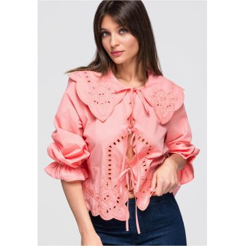 Camasa dama cu guler mare - dungi - maneci lungi - 100% bumbac - Coral - ONESIZE
