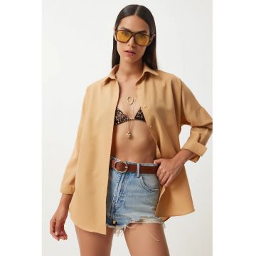 Camasa dama - Happiness Istanbul - camasa supradimensionata - bumbac - maro camel - maneci lungi -