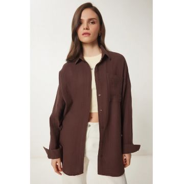 Camasa dama - Happiness Istanbul - camasa supradimensionata - bumbac - maro mocha - maneca lunga - buzunar -