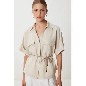 Camasa dama - Happiness Istanbul - Loose Fit - detalii cu snur - bej natural - bumbac-poliester
