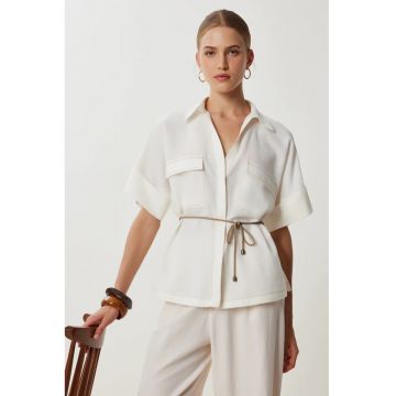 Camasa dama - Happiness Istanbul - Loose Fit - detalii cu snur - Ivory Natural - bumbac 70%