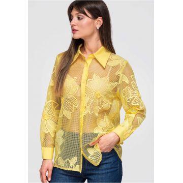 Camasa dama lunga cu guler clasic si maneci lungi - transparenta cu broderie florala - Galben - M/L
