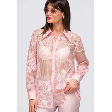 Camasa dama lunga cu guler clasic si maneci lungi - transparenta cu broderie florala - Roz - S/M