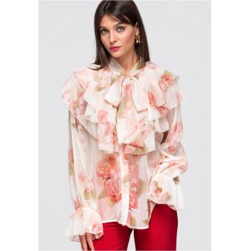Camasa dama lunga cu volane si legatura la gat - fit lejer - OW-SH-E0043 - Bej