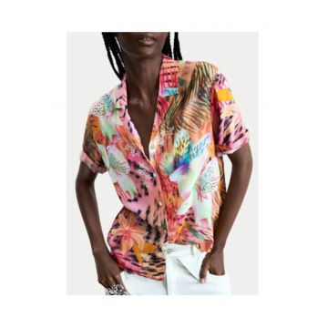 Camasa dama -  portocalie - roz - imprimeu floral - 100% viscoza - maneca scurta