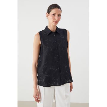 Camasa fara maneci cu dantela si model floral - Negru