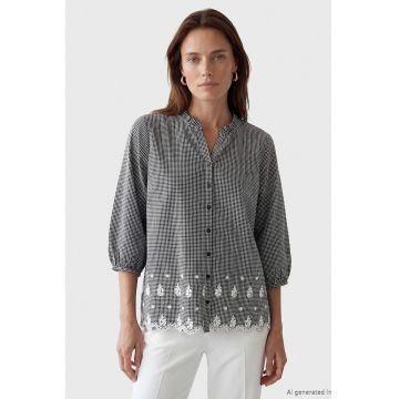 Camasa in carouri cu broderie la terminatie - Alb/Negru