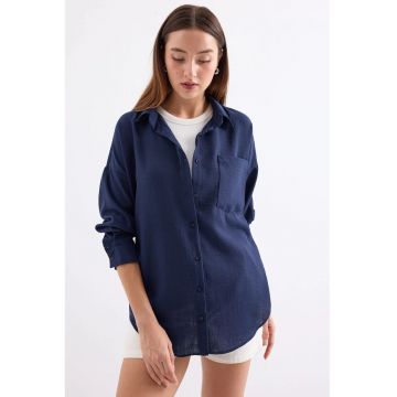 Camasa overshirt -  amestec de in - albastru marin - maneca lunga - guler clasic