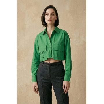 Camasa scurta cu nasturi si buzunar  verde - bumbac - maneca lunga - pentru femei
