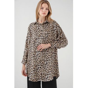 Camasa dama - HiCCUP - imprimeu leopard - eleganta - bej - viscoza/poliester