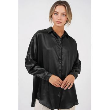 Camasa dama - HiCCUP - supradimensionata - satin - negru - poliester