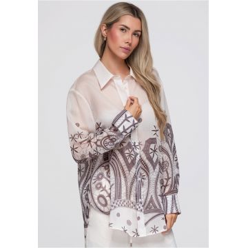 Camasa dama lunga cu croi lejer si guler clasic - material semi-transparent OW-SH-E0061 - Bej - ONESIZE